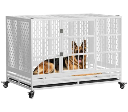 Snuowu 48 Inch Heavy Duty Dog Crate with Wheels, Folding Metal Big Dog Cage for Large and Medium Dogs, Extra Large XL XXL Indestructible Dog Crate with Removable Tray. - size: 48-Inch White （Fold）