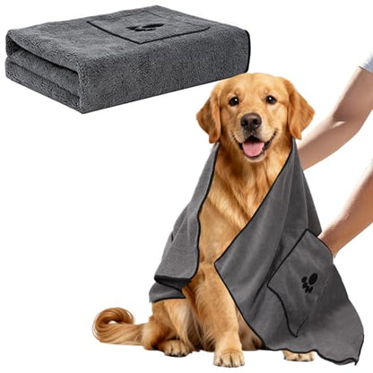 ATONET Microfiber Dog Towel with Two Pockets for Drying, 40"x23.6" Super Absorbent Pet Grooming Towel, Soft and Quick Drying for Large Dogs, Shower & Bath Supplies (Grey)