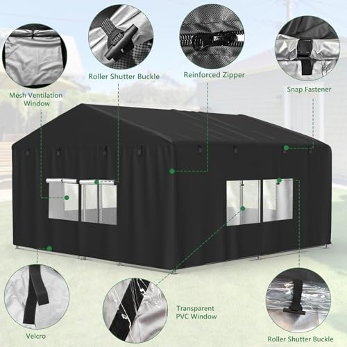 Outdoor Dog Kennel Cover 10'D x 10'W x 6.5'H Black Full Coverage with Transparent PVC Window and Breathable Mesh All-Weather Protection for Multiple Brands of Kennels Only Cover - size: 10'D x 10'W x 6.5'H