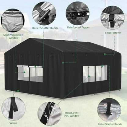 Outdoor Dog Kennel Cover 10'D x 10'W x 6.5'H Black Full Coverage with Transparent PVC Window and Breathable Mesh All-Weather Protection for Multiple Brands of Kennels Only Cover - size: 10'D x 10'W x 6.5'H