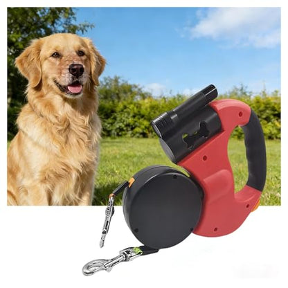 Dual Retractable Dog Leash, Bring A Flashlight and A Stool Bag Holder， 360° Tangle-Free Pet Walker， for 2 Dogs One-Hand Brake for Small Medium Pets(Red) - color: Red
