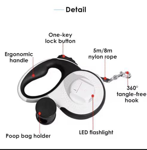Retractable Dog Leash with LED Light for Night Walking – 16ft Tangle-Free Leash with Poop Bag Dispenser, One-Button Lock, Reflective Handle