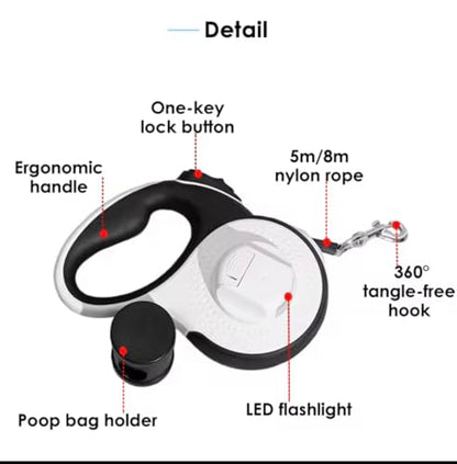 Retractable Dog Leash with LED Light for Night Walking – 16ft Tangle-Free Leash with Poop Bag Dispenser, One-Button Lock, Reflective Handle