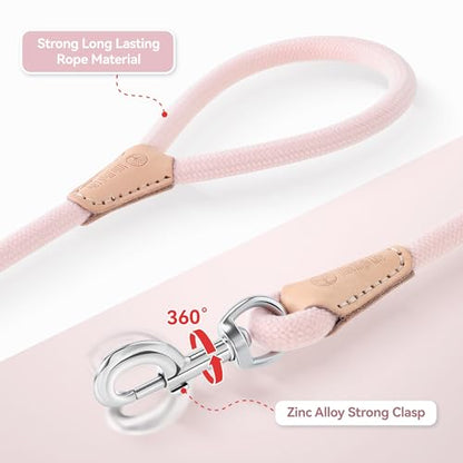 Mile High Life Dog Leash, Rope Leash with Genuine Leather Connection and Heavy Duty Metal Clasp, Great for Small Medium Large Dogs(Light Pink,48 Inch) - color: Rope Handle-Light Pink, size: 48 Inch-1/2"