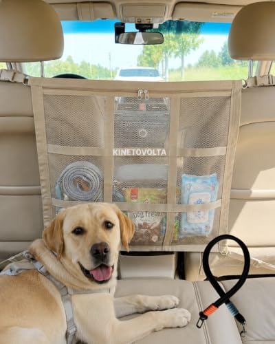 Dog Car Net Barrier 9-Grid Reinforced Easy Install | Beige, includes dog seat belt for car. Double mesh, storage pocket. Breathable, fits SUVs sedans trucks. Keeps dogs safe.