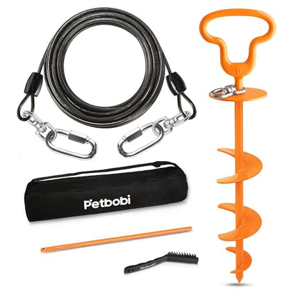 Petbobi Dog Tie Out Cable & Stake, Heavy Duty 20FT Lead for 300lbs Dog | Escape-Proof Screw-Lock, 6mm Chew-Proof Tether, 16.5" Stake, 360° Swivel, 5-In-1 Set with Rod, Yard Beach & Camping Outside - size: 20ft