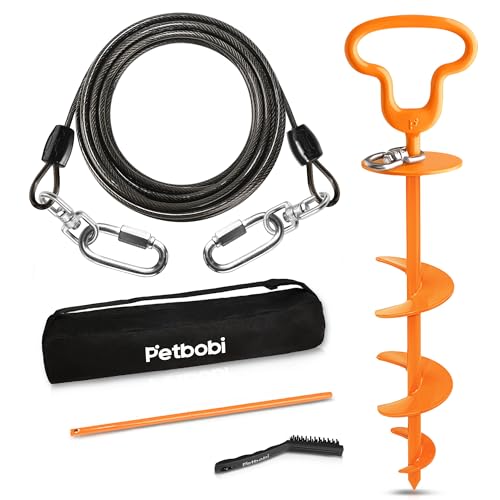 Petbobi Dog Tie Out Cable & Stake, Heavy Duty 20FT Lead for 300lbs Dog | Escape-Proof Screw-Lock, 6mm Chew-Proof Tether, 16.5" Stake, 360° Swivel, 5-In-1 Set with Rod, Yard Beach & Camping Outside - size: 20ft