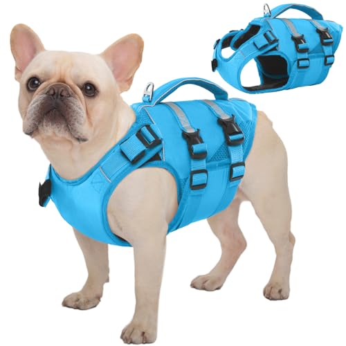 Kuoser Dog Life Jacket, High Flotation Dog Life Vest for Swimming Boating, Adjustable Ripstop Pet Lifesaver for Small Medium and Large Dogs, Reflective Safety Puppy Swimming Vest with Rescue Handle - color: Blue, size: S (Chest Girth:16.93-21.26'')