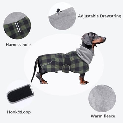 Dachshund Coats Waterproof Suitable for Dachshunds Sausage Weiner Dog Winter Coat Padded Fleece Puppy Snowsuit with Adjustable Bands Reflective Stripe - Plaid Green - S - color: Plaid Green, size: Small