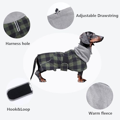 Dachshund Coats Waterproof Suitable for Dachshunds Sausage Weiner Dog Winter Coat Padded Fleece Puppy Snowsuit with Adjustable Bands Reflective Stripe - Plaid Green - M - color: Plaid Green, size: Medium