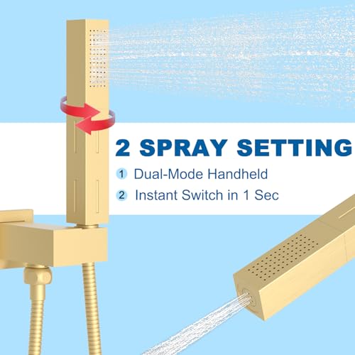 2 Settings Models Handheld Shower Head Sprayer High-Pressure with 59" Long Flexible Hose, Square 2 in1 Solid Brass Adjustable Shower Wand Replacement Kit, Brushed Gold - color: Brushed Gold