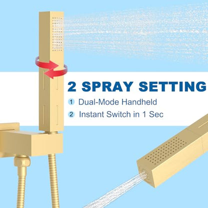2 Settings Models Handheld Shower Head Sprayer High-Pressure with 59" Long Flexible Hose, Square 2 in1 Solid Brass Adjustable Shower Wand Replacement Kit, Brushed Gold - color: Brushed Gold