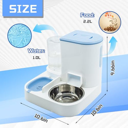 Automatic Cat Food and Water Dispenser Set 2 in 1, All-in-One Gravity Pet Feeder with Stainless Steel Cat Food Bowl Travel Auto Supply Feeder and Water Dispenser for Small Medium Cats Dogs (Blue) - color: 【Bule】