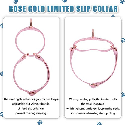 Soft Leather Martingale Dog Collar - Adjustable Rose Gold Limited Slip Collars [Easy to Clean], Stylish Durable Heavy Duty Nylon No Pull Training Collar for Small Medium Large Dogs (S, Set Pink) - color: Set Pink, size: S (Neck 10"-15", Width 4/5")