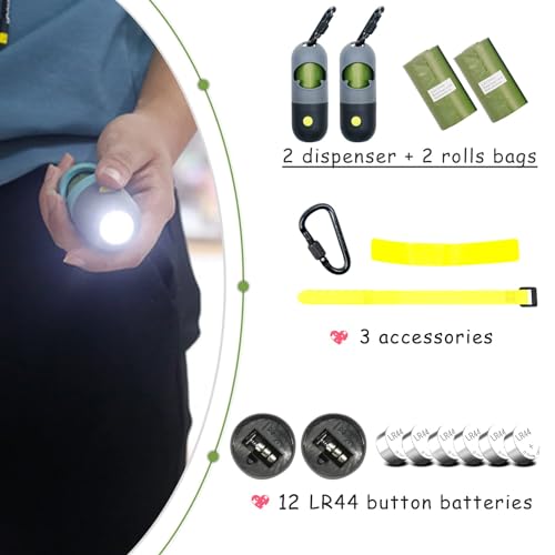 2 Pack Poop Bag Holder with Flashlight Waste Bag Dispenser for Leash with Clip and Battery Poop Bag Dispenser with Green Scented Poop Bags for Dog Walking(Black,2 Dispenser 60 Bags) - color: Black