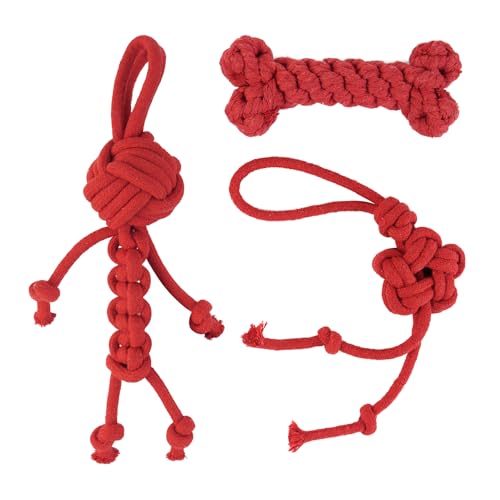 3 Pack Cotton Rope Dog Toy Set, Indestructible Chew Toys for Aggressive Chewers, Puppy Teething Toys with Bone, Human & Chinese Knot Designs for Boredom Relief & Tug of War， Red - style: Red suit（3 pack）
