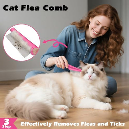 3PCS Cat Grooming Supplies, Cat Brush & Nail Clipper/Trimmer & Flea Comb for Shedding Indoor Cats Essentials Stuff Accessories (Pink) - color: Pink