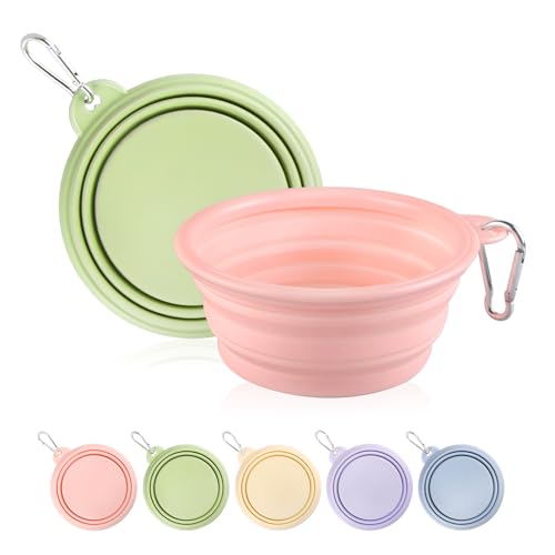 Collapsible Dog Bowls 2-Pack, Portable Travel Dog Bowl with Carabiner, Food-Grade Silicone Pet Bowl for Hiking, Walking (Macaron Pink and Green) - color: 12 OZ Macaron Pink and Green