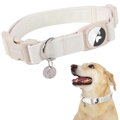DOGWONG Airtag Cotton Hemp Dog Collar, Heavy-Duty Dog Collar with Airtag Holder White Natural Fabric Pet Cute Puppy Necklace for Small Medium Large Dogs - color: White, size: Extra Small