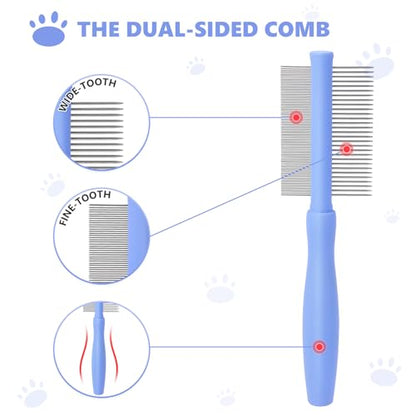 Dematting Comb for Doodles & Poodles, Dual-Sided Comb Tool for Long Curly Haired Dogs, Grooming Brush Kit for Removing Mats and Tangles, Stainless Steel, Beech Wood