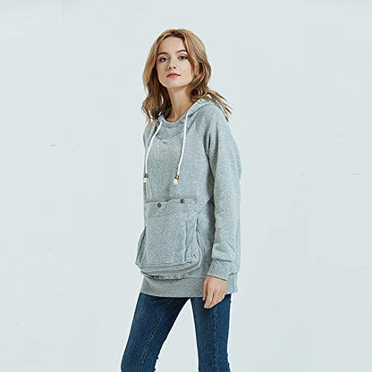 Pet Pouch Hoodie Long Sleeve Fleece Kitten Puppy Holder Carrier Sweatshirt for Women - color: Light Grey, size: Medium