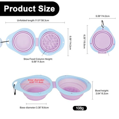 2-in-1 Purple Collapsible Dog Bowls with Carabiner | Foldable Water Bowl(320ml) Foldable Slow Food Bowl(130g) for Dogs Cats Travel Hiking Camping - color: Purple