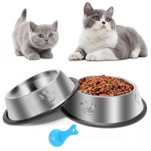 Stainless Steel Cat Bowl, 2 Pack Metal Dog Bowls for Food and Water, Non-Slip Pet Feeding Dish Bowl with Rubber Base for Indoor Cats Small Dogs - size: 6oz 2 pack