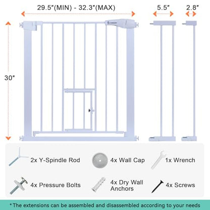 COMOMY Auto Close Baby Gate with Cat Door, 29.5"-40.5" Extra Wide Dog Gate for House Doorways Stairs, Pressure Mounted Easy Walk Thru Pet Gate, Includes 4 Wall Cups and 2 Extension Pieces, White - color: White