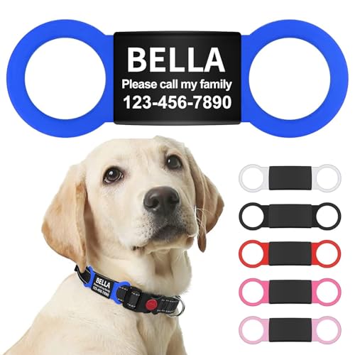 LaReine Silent Slide On Pet ID Tags, Personalized Laser Engraved on Collar, Colored Elastic Silicone Band and S/M/L/XL Black Stainless Steel Cat Dog Name Plate (Blue, X-Large) - color: Blue, size: X-Large