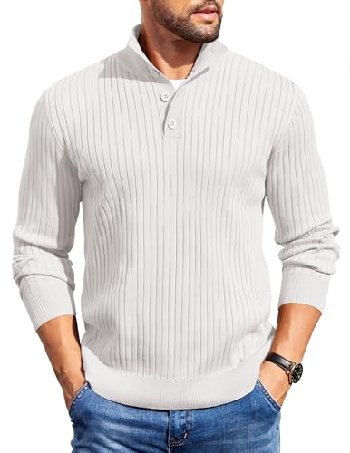 COOFANDY Mens Quarter Button Sweater Long Sleeve Stand Collar Sweaters Casual Knitted Ribbed Dress Pullover - color: White, size: X-Large