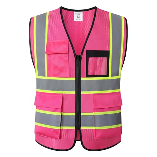 Reflective Safety Vest for Men Women Hi Vis Vest with 8 Pockets High Visibility Mesh Reflective Vest Meets ANSI/ISEA Standards (Pink-07,Medium) - color: Pink, size: Medium