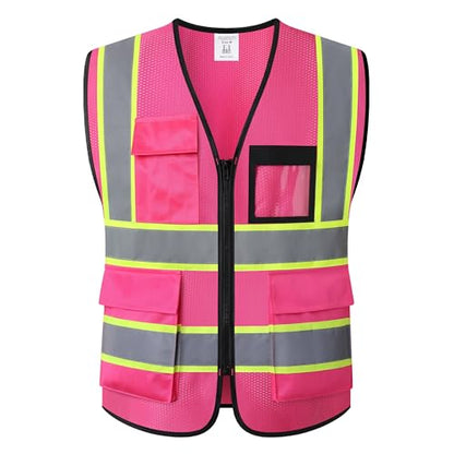 Reflective Safety Vest for Men Women Hi Vis Vest with 8 Pockets High Visibility Mesh Reflective Vest Meets ANSI/ISEA Standards (Pink-07,Large) - color: Pink, size: Large