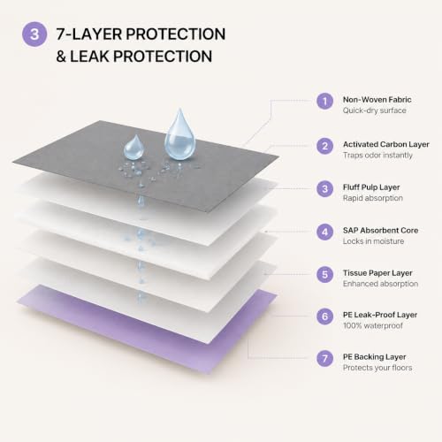 Charcoal Dog Training Pads Advanced Odor Control Puppy Pee Pads, 22x22 Inch, 7-Layer Leak-Proof, Ultra Absorbent, Adhesive Tabs, 50 Count