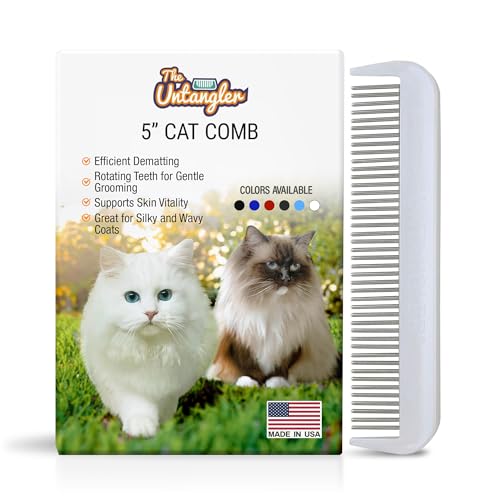 Cat Comb with Silky Smooth Rotating Teeth - Clears Mats Gently (5" Ultra Fine Teeth; 7" Dual Teeth) (White, 5") - color: White, size: 5"