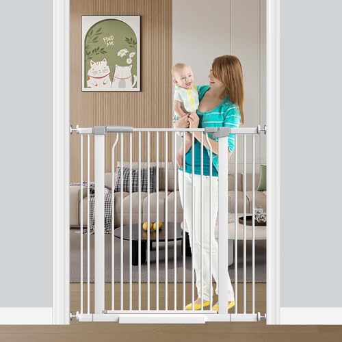 Fairy Baby 40.5" Extra Tall Baby Gate for Stairs Doorways, Fits 29.5" to 40.5" Wide Openings, Auto Close Extra Wide Dog Gate Indoor for The House, Metal Pressure Mounted Pet Cat Gate for Kids, White - color: White, size: 29.6"-40.5"