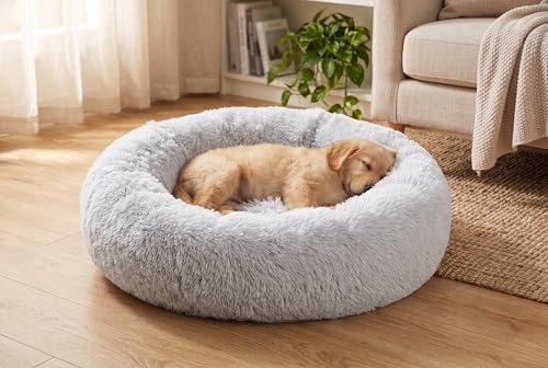 SAVFOX 30 inches Calming Donut Dog Bed - 3X Durable Plush Faux Fur, Machine Washable & Non-Slip, Fits up to 45 lbs, Light Grey - color: Light Grey, size: Medium | 30"x30"
