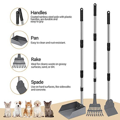 Heeyoo Dog Pooper Scooper, Dog Poop Tray and Rake Set, Pet Waste Removal Scoop with Long Adjustable Sectional Stainless Handles - color: Silver/Black