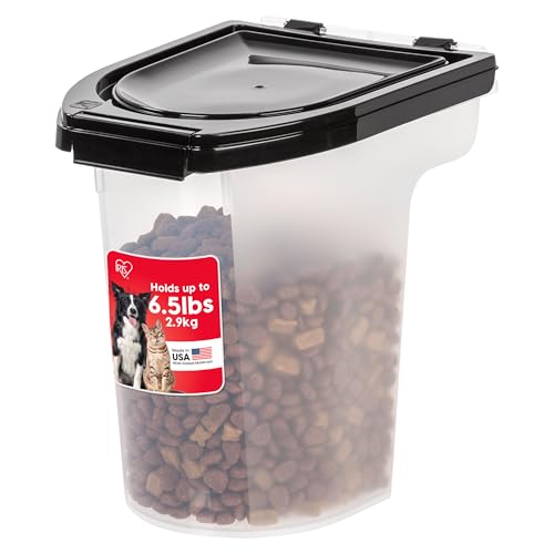 IRIS USA WeatherPro Airtight Pet Food Storage Container, Up to 6.5 lbs, Treat Box for Dog Cat and Bird Food, Keep Fresh, Translucent Body, Easy Clean Up, BPA free, Clear/Black