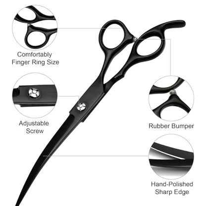 Dog Grooming Scissors Kit, Premium Stainless Steel Dog Shears with Curved Shears, Sharp Durable for Dogs Cats+Black 4 Piece - color: Black 4 Piece