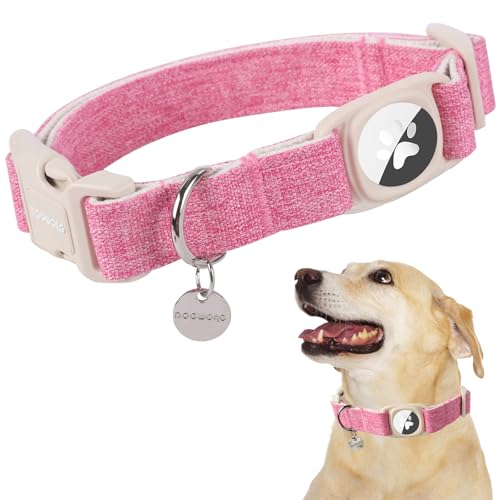 DOGWONG Airtag Cotton Hemp Dog Collar, Heavy-Duty Dog Collar with Airtag Holder Pink Natural Fabric Pet Collars for Small Medium Large Dogs - color: Rose Pink, size: Extra Small