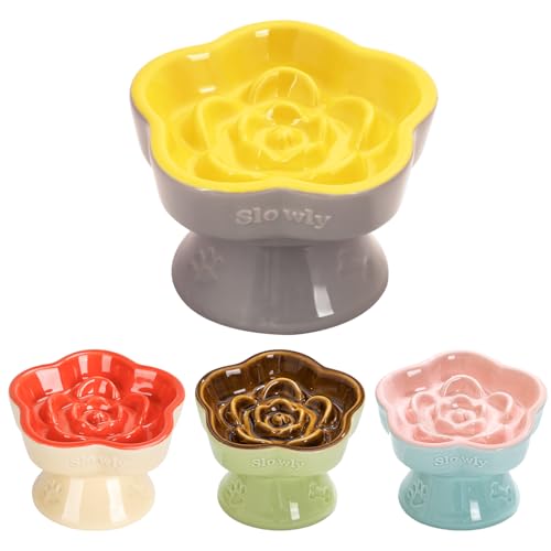 S&Q's CERAMICS Raised Slow Feeder Cat Bowl, Ceramic Elevated Food Bowl Small Dogs Slow Feeder, Flower Shaped Cute Pet Dish for Dry and Wet Food (Yellow, 5.8") - color: Yellow