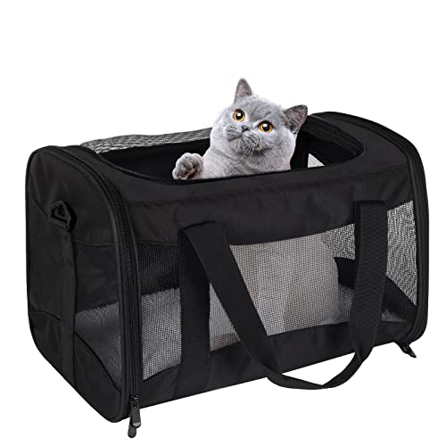Cat Carrying Case - Pet Carrier Airline Approved, Protable and Breathable Pet Travel Carrier Removable Fleece Pad, Collapsible Cat Carrier Dog Carrier for Medium Cats Small Cats Dogs(Medium, Black) - color: black, size: 17.0"L x 11.0"W x 11.0"H