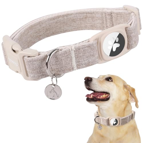 DOGWONG Airtag Cotton Hemp Dog Collar, Heavy-Duty Dog Collar with Airtag Holder Beige Natural Fabric Pet Cute Puppy Necklace for Small Medium Large Dogs - color: Khaki, size: Extra Small