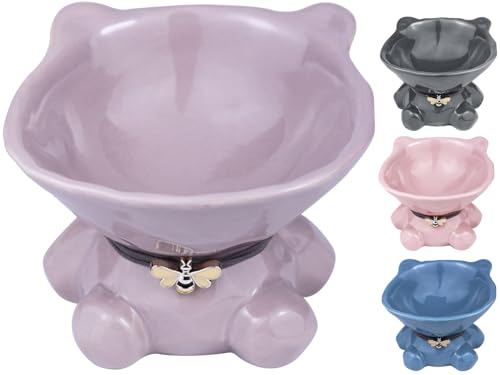 Cute Ceramic Tilted Food Bowls for Indoor Cats Cat Bowl Elevated Cat Bowls Whisker Friendly 5.4 Inch Wide 15° Raised Kitten Supplies Dishwasher and Microwave Safe Purple Cats Water Bowl - color: Purple Ceramic Cat Food Bowls