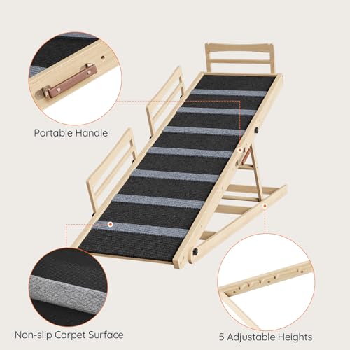HOOBRO Dog Ramp for Bed, 63" Long Folding Pet Ramp with Non-Slip Mat and Safety Side Rails, 5 Height Adjustable up to 29.5", Wooden Dog Ramp for Couch, for Small/Large Dogs, Natural and Black NB46PT03 - size: 63.0"L x 17.7"W x 3.7"H