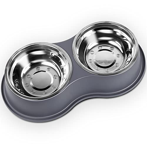 Epetslove Dog Bowls Large Double Dog Water and Food Bowls Stainless Steel Bowls with Non-Slip Resin Station, Pet Feeder Bowls Food Dish for Small Medium Large Dogs Cats - color: 4.Grey, size: Large-34oz
