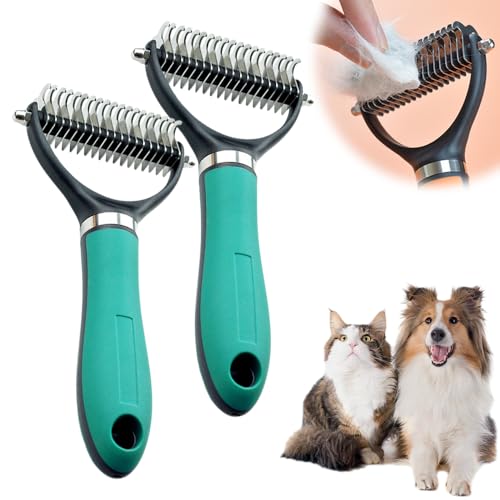 Double-Sided Self-Cleaning Pet Grooming Brush,2026 New Ergonomic Undercoat Rake,Gentle Detangler Brush for Long Thick Pet Hair,Professional Grooming Tool (Green-10Teeth/19Teeth*2) - color: Green-10Teeth/19Teeth*2