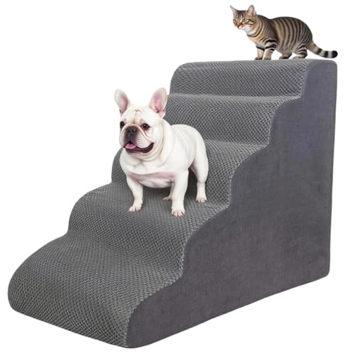 5 Step Pet Stairs Ramp for High Beds Sofas 23-30 Inch with Sturdy Non Slip Waterproof Pads, Machine Washable Cover Indoor Balanced Design for Cats Dogs Small Medium Large XL Pets Grey Large - color: Grey