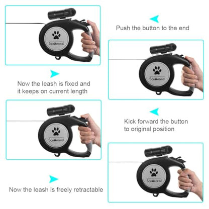 SCENEREAL Heavy Duty Retractable Dog Leash 26 FT with LED Flash Light & Poop Bag Dispenser for up to 110 LB Small Medium Large Dogs Outdoor Walking & Training - color: With Light (Black /26ft)