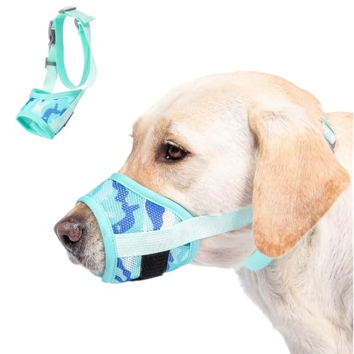 Dog Muzzle with Escape-Proof Elastic Neck Collar, Soft Breathable Air Mesh Mouth Cover Stops Biting Barking Chewing Allows Drinking Panting, Adjustable Muzzle for Small Medium Large Dogs - color: Green/Blue, size: S